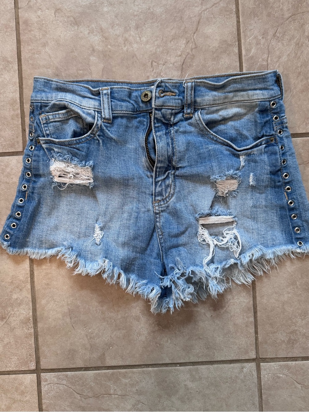 Sneak Peek Light Blue Distressed Denim Shorts with Grommet Trim